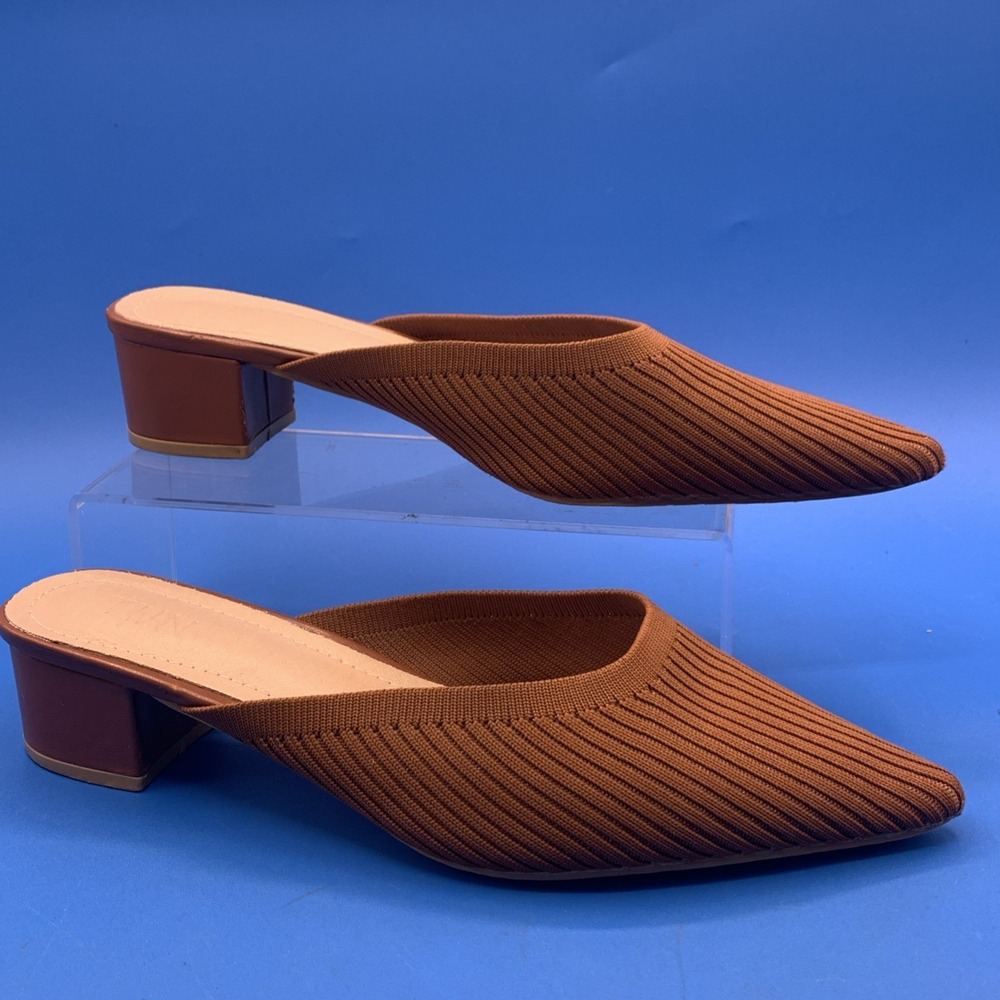 TIJN Women's Size 10 Helka Brown Ribbed Fabric Slip On Mule Shoes Block Heels
